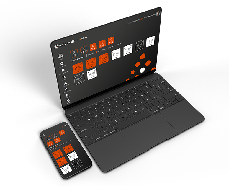 Zdjęcie przedstawia laptopa oraz smartona z otwartym oprogramowaniem ForSignals.